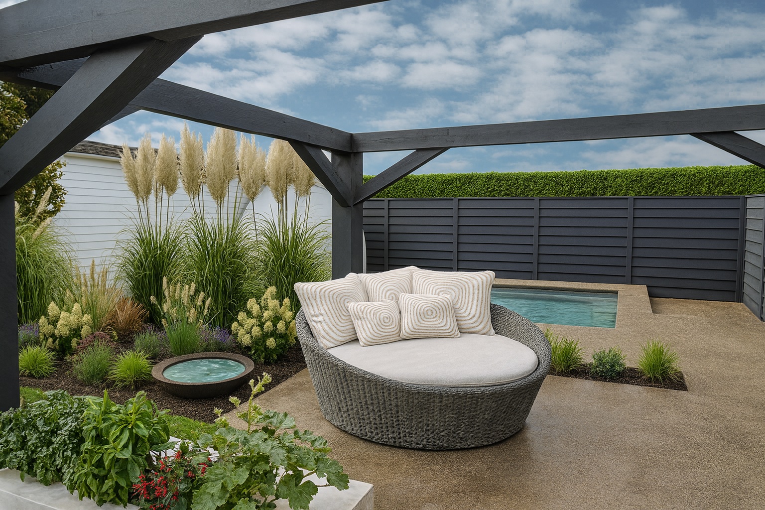 eleganter Garten mit Pergola und Pool von deinlieblingsgarten